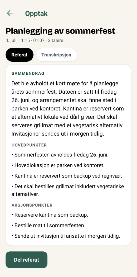 Skjermbilde fra Ordrett: referat med sammendrag, hovedpunkter og aksjonspunkter