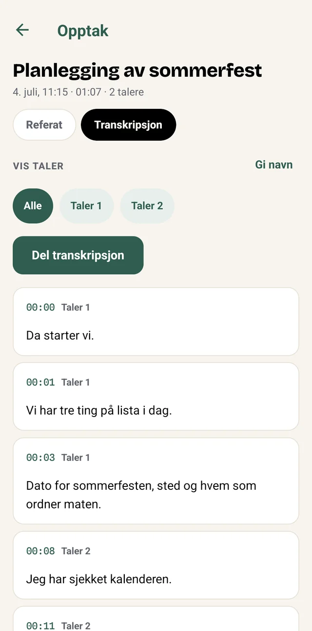Skjermbilde fra Ordrett: et ferdig opptak med transkripsjon, tidsstempler og talere